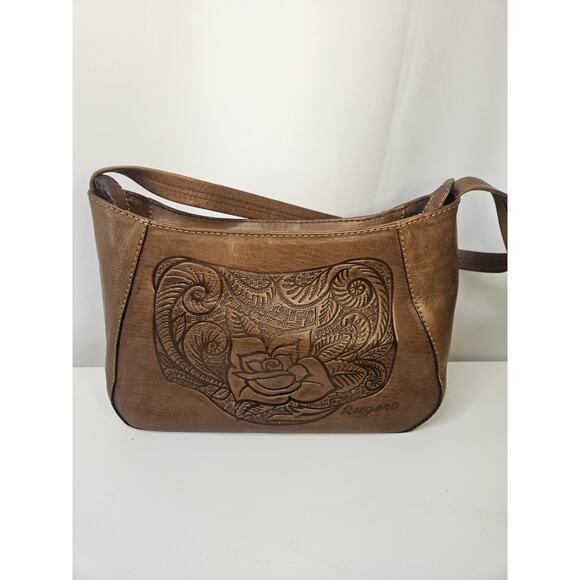Vintage Brown Leather Tooled Floral Purse - Flap Snap Closure Rugero Horse Roses - Picture 3 of 16